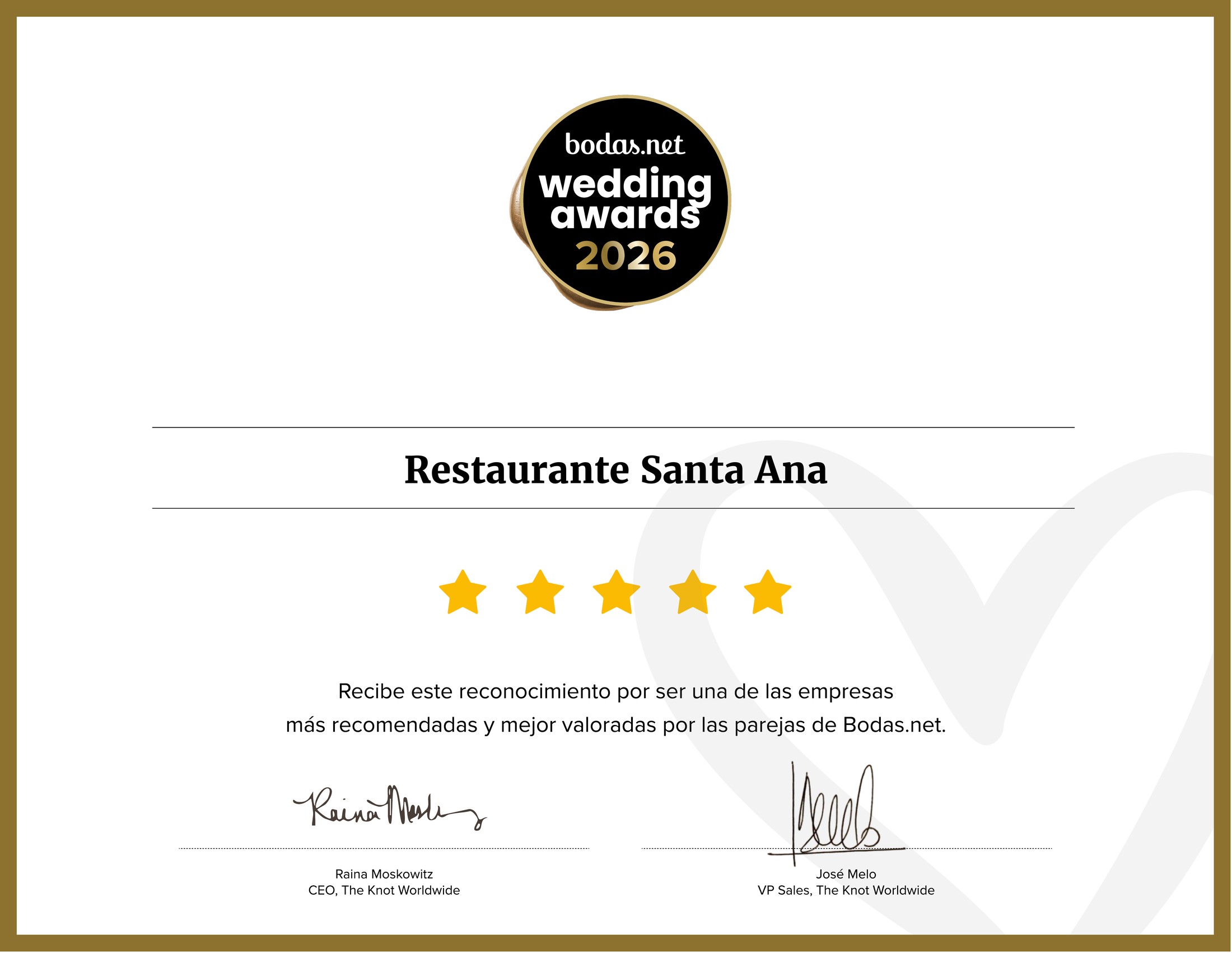 Diploma oficial Wedding Awards 2026 otorgado a Restaurante Santa Ana por Bodas.net